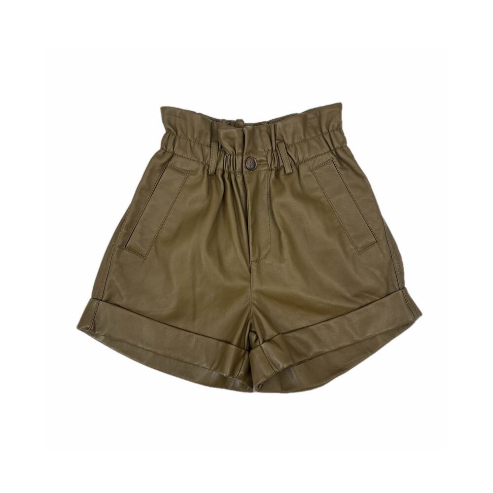 Blank NYC Olive Green Elastic Waist Vegan Leather High Rise Paper Bag Shorts